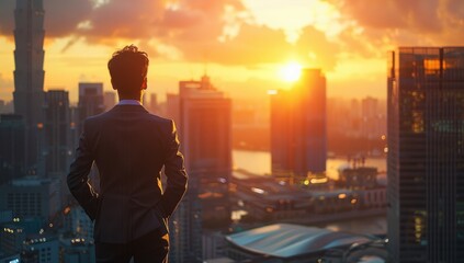 Fototapeta premium A man standing on top of a tall building. Suitable for concepts like success, achievement, urban lifestyle, and overcoming challenges