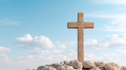 A majestic wooden cross illuminated by rays of light under a sky of fluffy clouds symbolizes hope and new beginnings