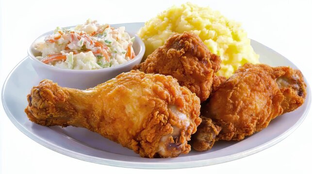 A plate of fried chicken with mashed potatoes and coleslaw.