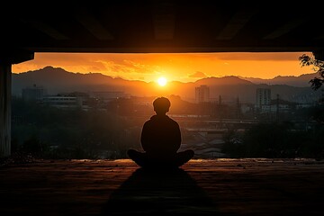 Fototapeta premium Silhouette of a person meditating under a bridge at sunset with a city in the background