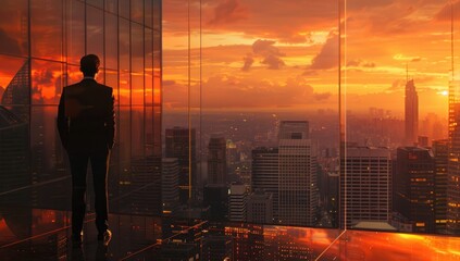 A man standing on top of a tall building. Suitable for concepts like success, achievement, urban lifestyle, and overcoming challenges