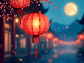 Generated digital illustration of chinese lanterns with chinese new year theme background.
