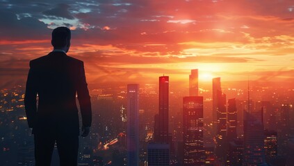 A man standing on top of a tall building. Suitable for concepts like success, achievement, urban lifestyle, and overcoming challenges