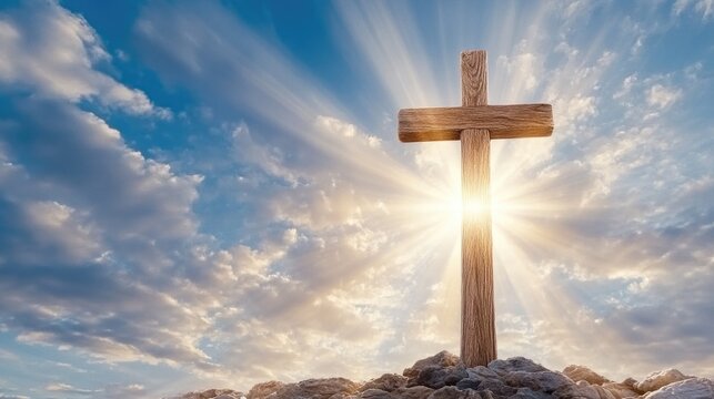 Tall wooden cross illuminated by rays of light against a bright blue sky and fluffy white clouds, symbolizing hope and new beginnings