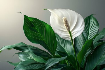 Obraz premium A single white peace lily flower surrounded by lush green leaves.