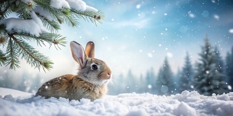 Obraz premium A Cute Rabbit Sitting in Soft Snow Beneath a Frosty Pine Tree, Creating a Captivating Winter Wonderland Scene with Fluffy Snowflakes Falling Gently Around