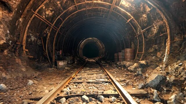 Abandoned Mine Passage, a dimly lit underground tunnel with sparse lighting, rusted beams, rocks scattered on the ground, and signs of decay and neglect surrounding old rail tracks. Video