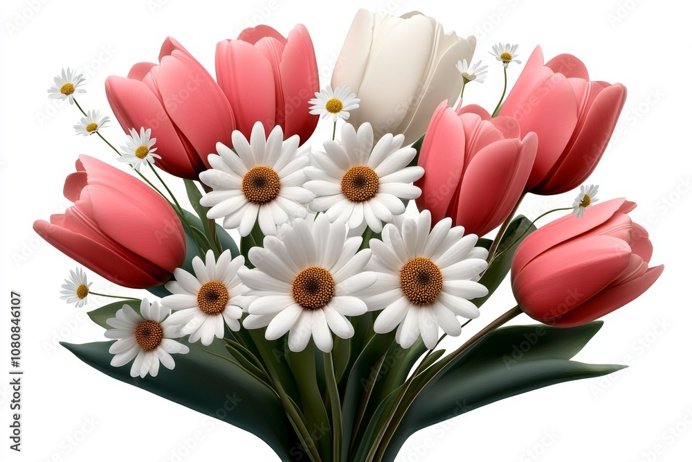 Poster flat 2d illustration of a bouquet of tulips and daisies in soft colors on a white background, cheerf