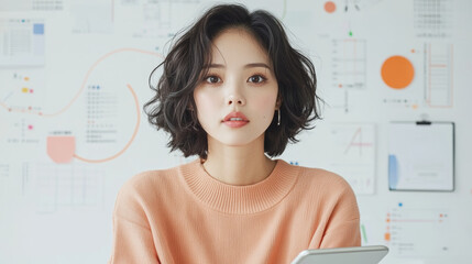 A young woman with curly hair is sitting in front of wall covered in charts and graphs, holding tablet. She exudes calm and focused demeanor, perfect for creative workspace
