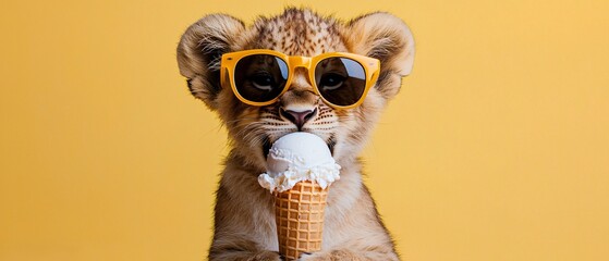 A playful lion cub wearing stylish sunglasses enjoys an ice cream cone against a vibrant yellow background, capturing a moment of pure joy and innocence.