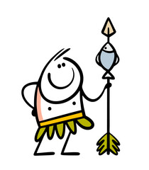 Satisfied native, the leader of a primitive tribe in the jungle holds a spear with a fish. Vector illustration of a hunter, weapons and prey. Funny stickman got food. Isolated on white background.