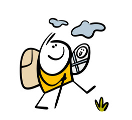 Cartoon stickman with funny baby is going camping. Vector illustration of a family vacation. The father carries a bundle with a newborn and walks in nature. Isolated on white background.