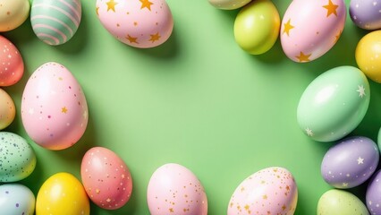 Vibrant Easter pattern featuring colorful and chocolate Easter eggs arranged on a lush green background, creating a cheerful and festive atmosphere