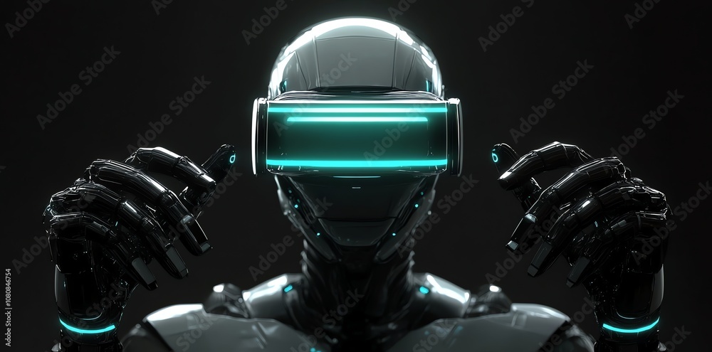 Aufkleber a futuristic robot wearing a vr headset and pointing with both hands.