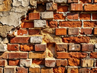 Obraz premium Weathered Brick Wall with Textured Damage, Perfect for Minimalist Photography Backgrounds, Showcasing Unique Patterns and Earthy Tones
