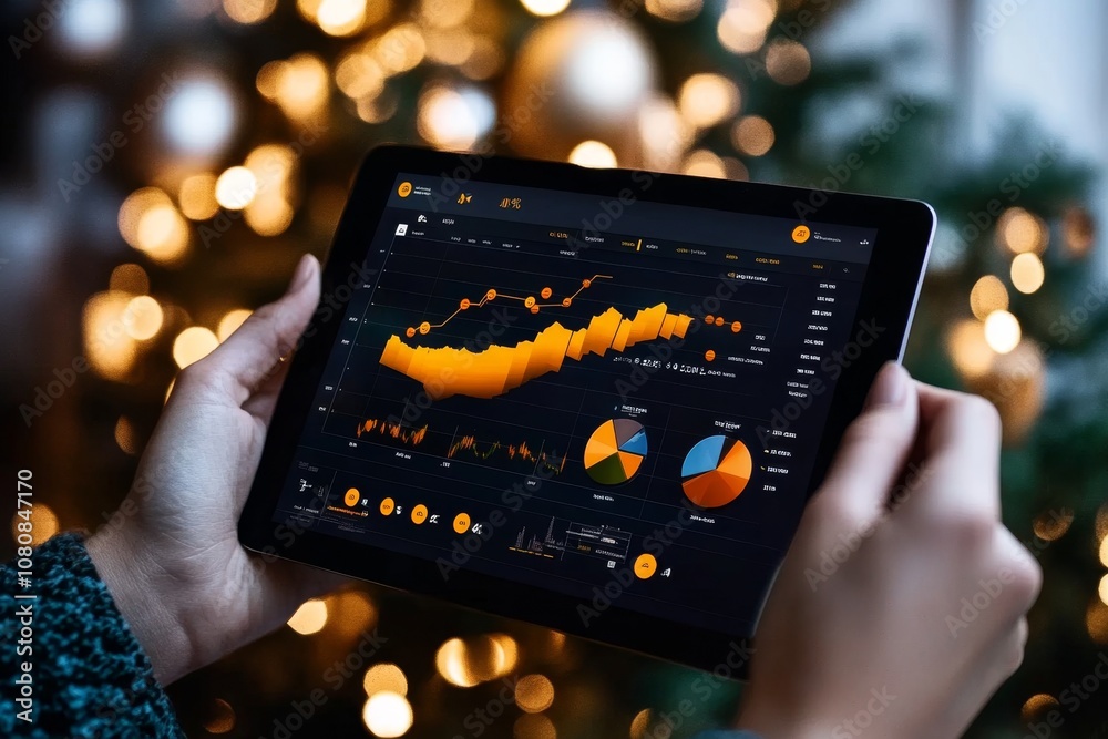Poster hands holding a tablet showing financial analytics surrounded by charts with city lights in the back
