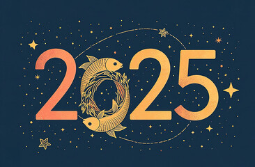 New Year card for Pisces horoscope. Numbers 2025 shine brightly against a dark, starry background.. Astrology concept.