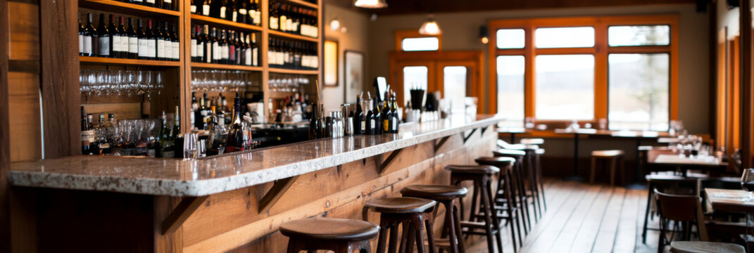 A beautifully designed bar interior featuring long wooden counter, shelves filled with wine bottles, and cozy seating. warm lighting creates an inviting atmosphere for relaxation