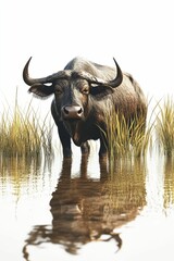 Naklejka premium Water buffalo in water with tall grass.
