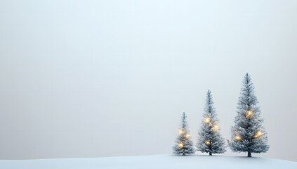 Fototapeta premium Winter Christmas background with small trees, lights, and snow