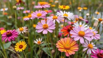 Fototapeta premium A close-up shot of a variety of colorful wildflowers blooming in the marshy wetland with some water droplets on td with some water droplets on their petals, macro photography, wildlife