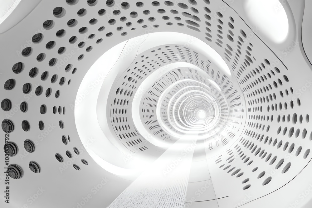 Poster A futuristic white tunnel with a repeating circular pattern and a bright light at the end.