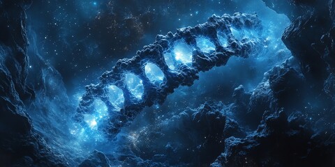A glowing blue double helix DNA strand floats through a cosmic nebula, resembling a celestial gateway.