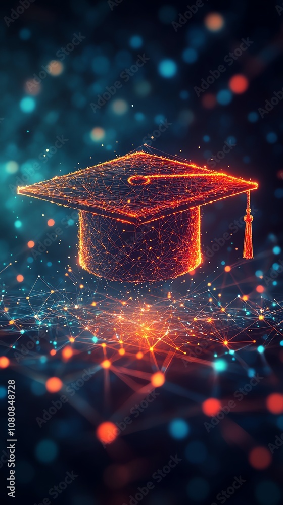 Poster a glowing graduation cap symbol surrounded by a network of connected points representing digital lea