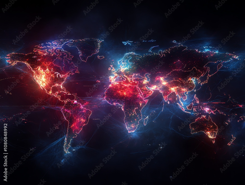 Poster A glowing world map with lines connecting cities and continents, representing global connections and communication.