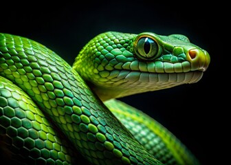 Intricate Fine Art Portrait of a Vibrant Green Snake Glimmering Against a Dark Background, Showcasing the Beauty of Nature's Creatures in Stunning Detail