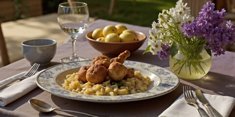 Delicious Outdoor Dining Experience with Crispy Fried Chicken, Creamy Pasta, and Fresh Seasonal Fruits