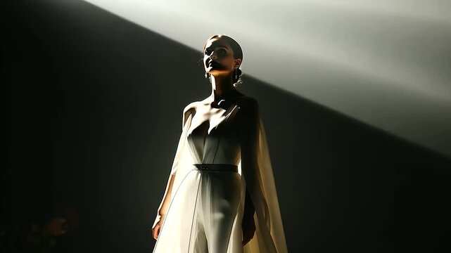 Model Walking Confidently on Fashion Runway with Dramatic Lighting