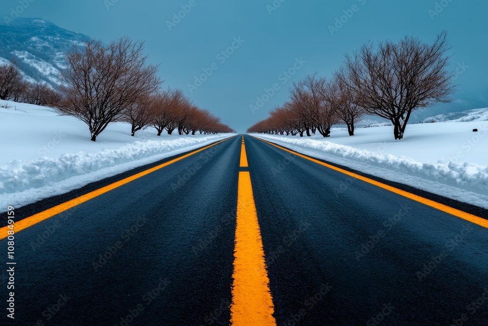 Poster minimalist straight road with abstract trees on each side, soft colors, and uncluttered design