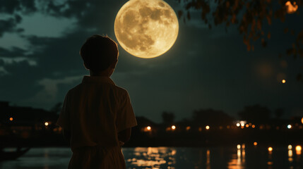 Fototapeta premium A young Asian boy standing by the river, full moon in background