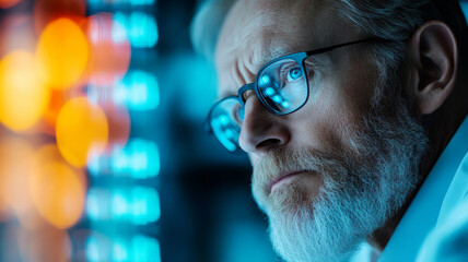 A focused scientist with glasses and beard is deep in thought, surrounded by vibrant blue and orange lights, reflecting high tech environment