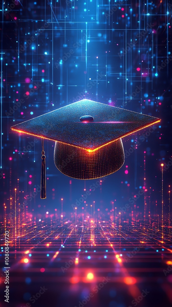 Poster a graduation cap with a glowing effect against a digital background.