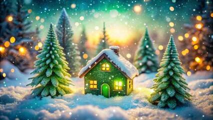 Obraz premium Enchanting Winter Landscape Featuring a Cozy Little House Surrounded by Snowy Evergreen Trees and Sparkling Lights in a Magical Christmas Setting
