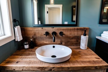 Fototapeta premium Modern Rustic Bathroom Sink Featuring Reclaimed Wood Countertop and Matte Black Fixtures