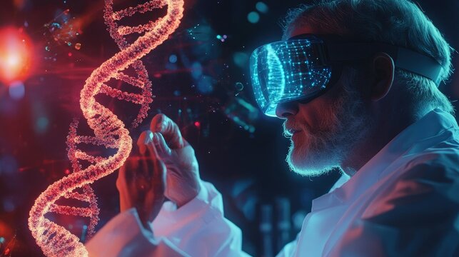 Scientist in lab wearing VR goggles interacting with D DNA strand hologram, symbolizing bioengineering