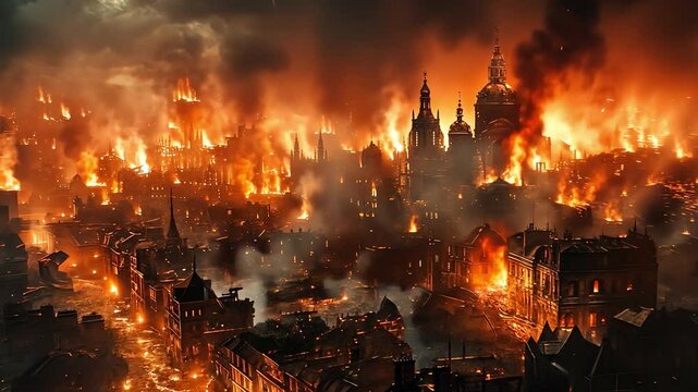 City is on fire with a large building in the background. The sky is dark and cloudy