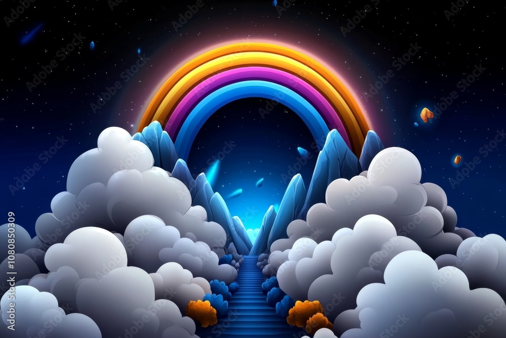 Aufkleber pixel art rainbow arching over pixelated mountains and clouds, with retro 8-bit style and bright col
