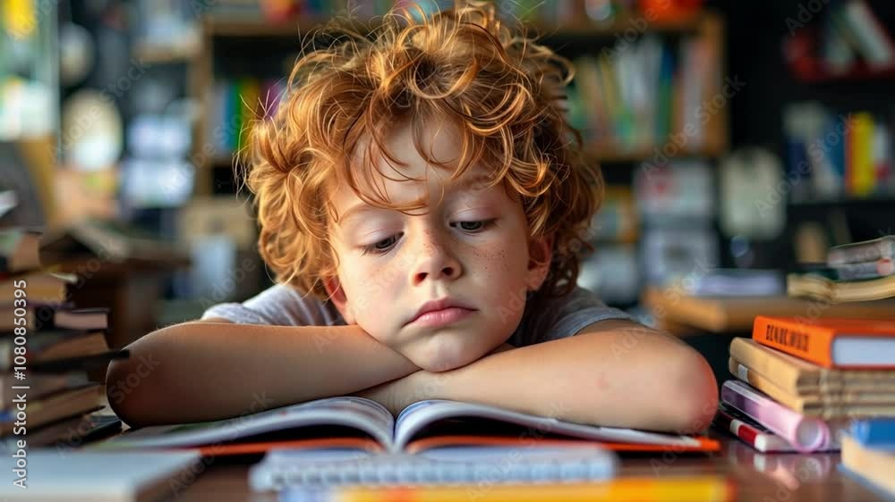 Aufkleber a young boy rests his chin on folded arms while focusing intently on an open book amidst stacks of b