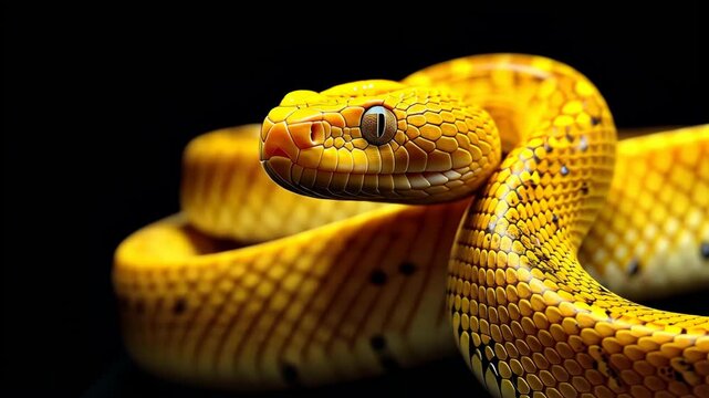 Vivid Close-Up Portrait of a Yellow Python Coiled Elegantly on a Dark, Mysterious Background, Highlighting Textural Detail and Intense Eye Contact