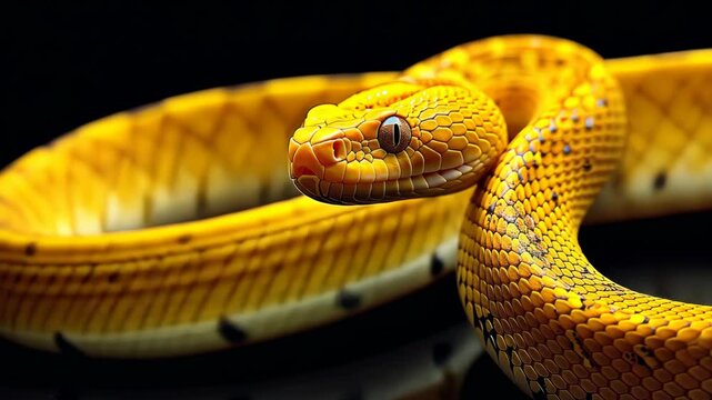 Vivid Close-Up Portrait of a Yellow Python Coiled Elegantly on a Dark, Mysterious Background, Highlighting Textural Detail and Intense Eye Contact