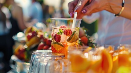 Closeup of a nonalcoholic drink being served at the refreshments table of the event.