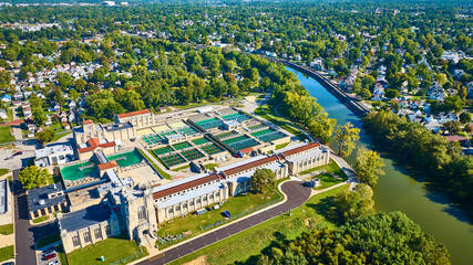 Aerial of Fort Wayne Water Treatment Plant and Suburban River Landscape