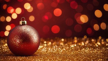 Red Christmas Ornament with Golden Background and Bokeh