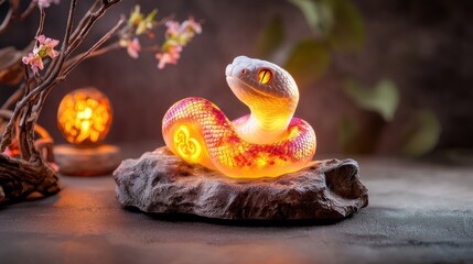 A glowing snake sculpture perched on a rock, surrounded by delicate blossoms, creating a mystical atmosphere.