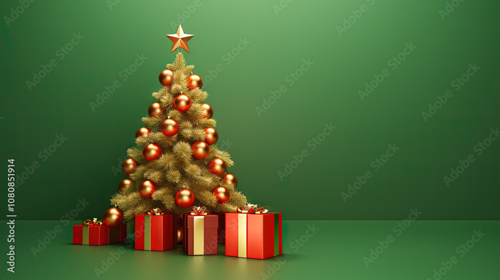 Poster christmas tree toy card template with baubles and copy space. contrast red and green greeting card f