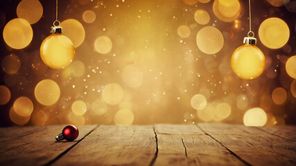 Golden Lights on a Wooden Background with a Single Red Ornament